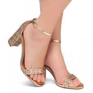 Shoe Land Madeline-Open Toe Chunky Block Heel Dress Sandals (RoseGoldGlitter)